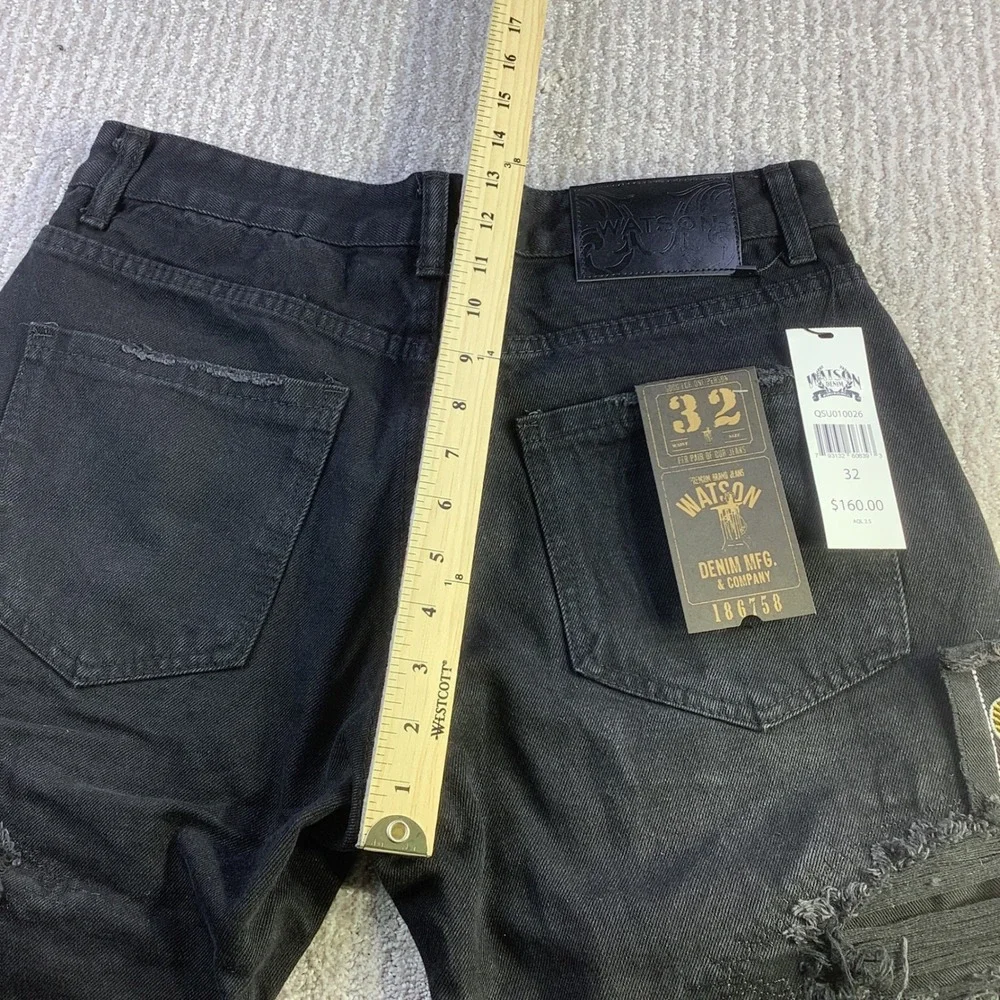 Watson Denim Mens 32 x‎ 29 Black Distressed Embroidered Graphic Jeans NWT